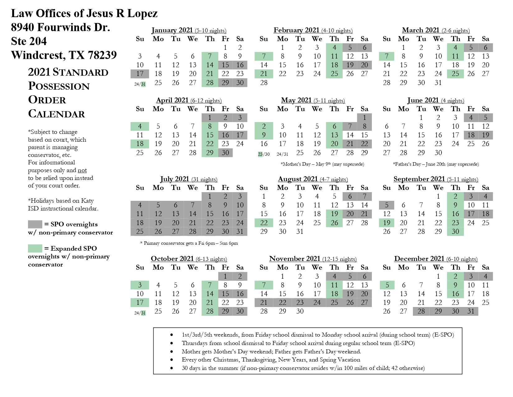 1st 3rd And 5th Weekend Calendar 2022 2021-Hlf-Standard-Possession-Order-Calendar (1)_Page-0001 | Law Offices Of  Jesus R. Lopez