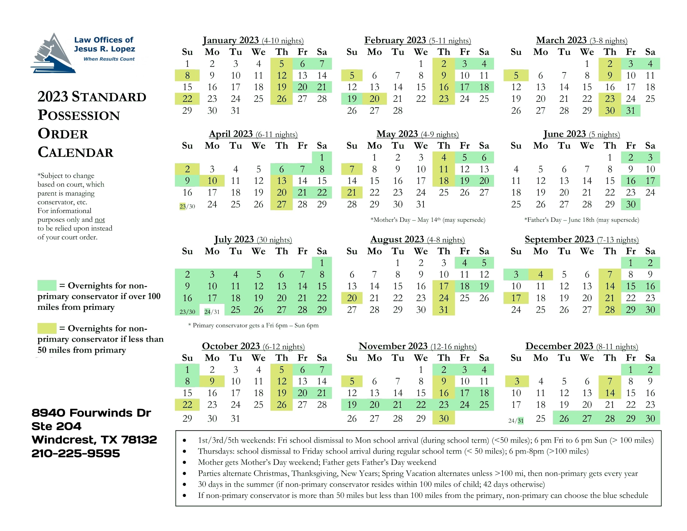 2023 Expanded Standard Visitation Calendar in Texas