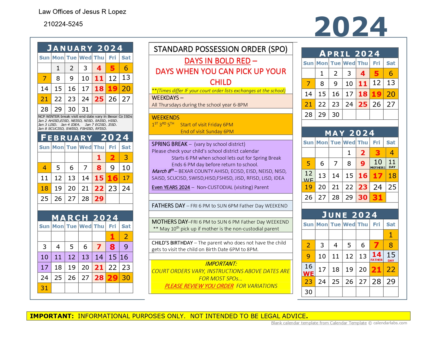 2024 Expanded Standard Visitation Calendar in Texas