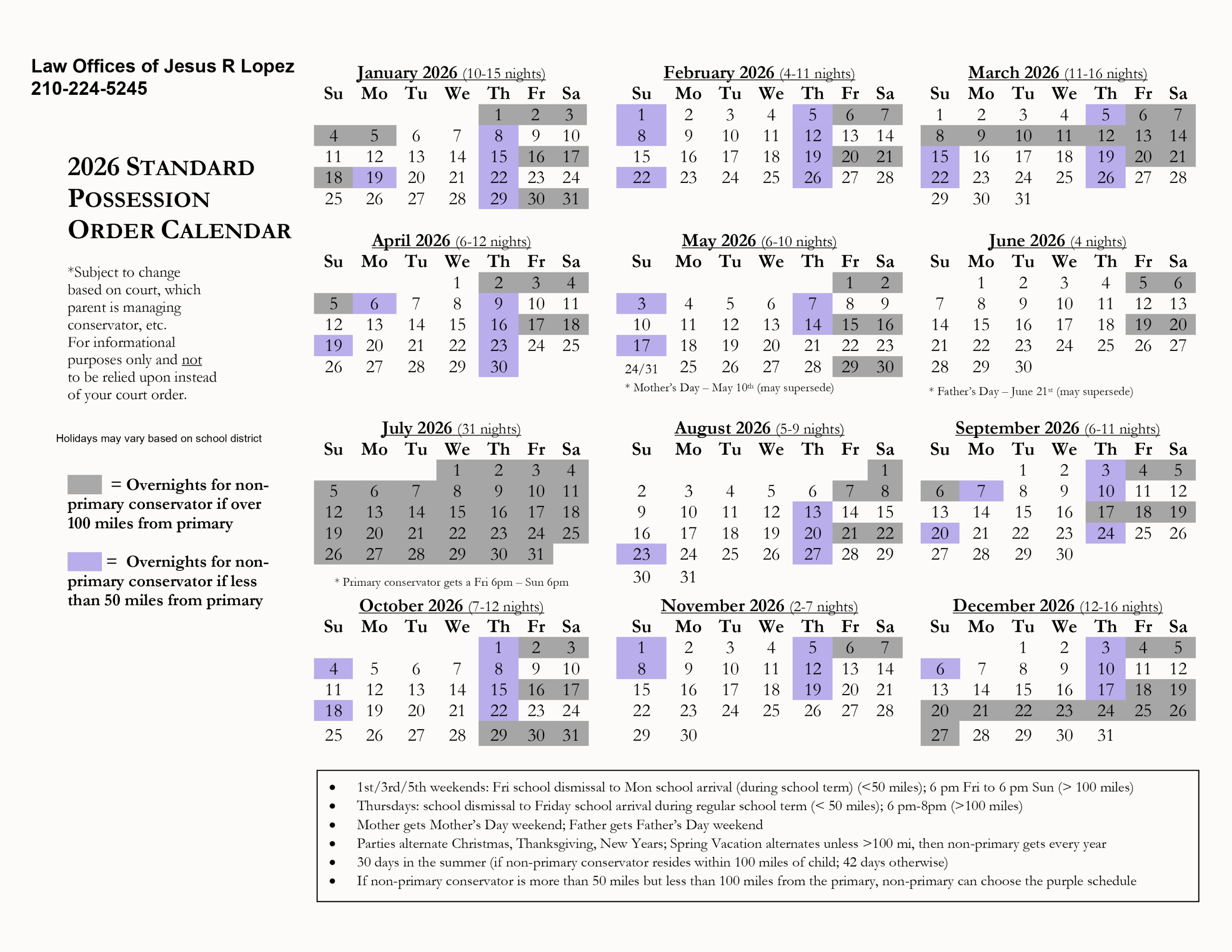 2026 Texas Standard Possession Calendar